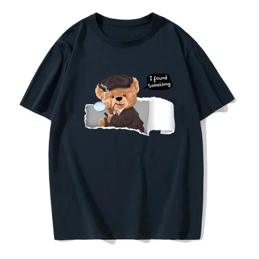 Neutraler Stil Sommer Kurzarm Niedlicher Detektiv Teddybär Musterdruck Lustige Mode Lässiges Herren- und Damen-T-Shirt