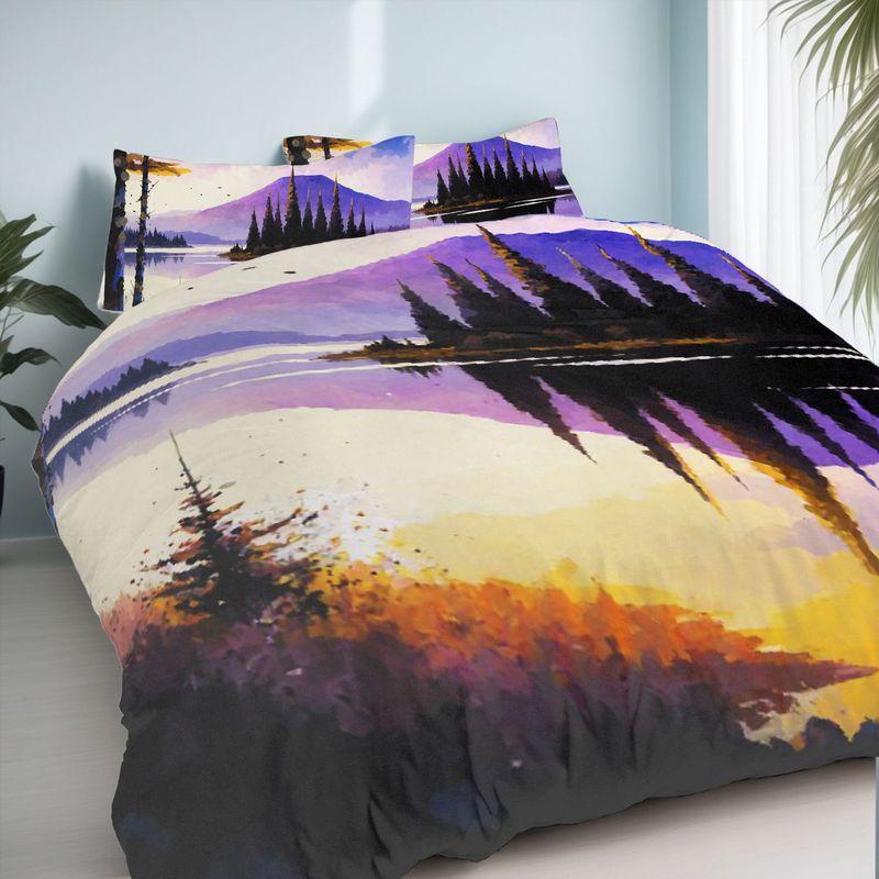 3-Piece Bedding Pillowcase Quilt Cover Set Trees Lakes Far Mountains Pattern 2D Digital Printing Suitable For Bedroom Decoration