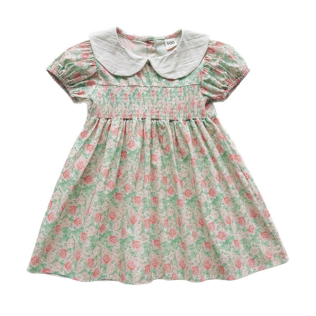 Handmade Floral Smocked Girl's Dress with Peter Pan Collar - Summer 2025 French Korean Style