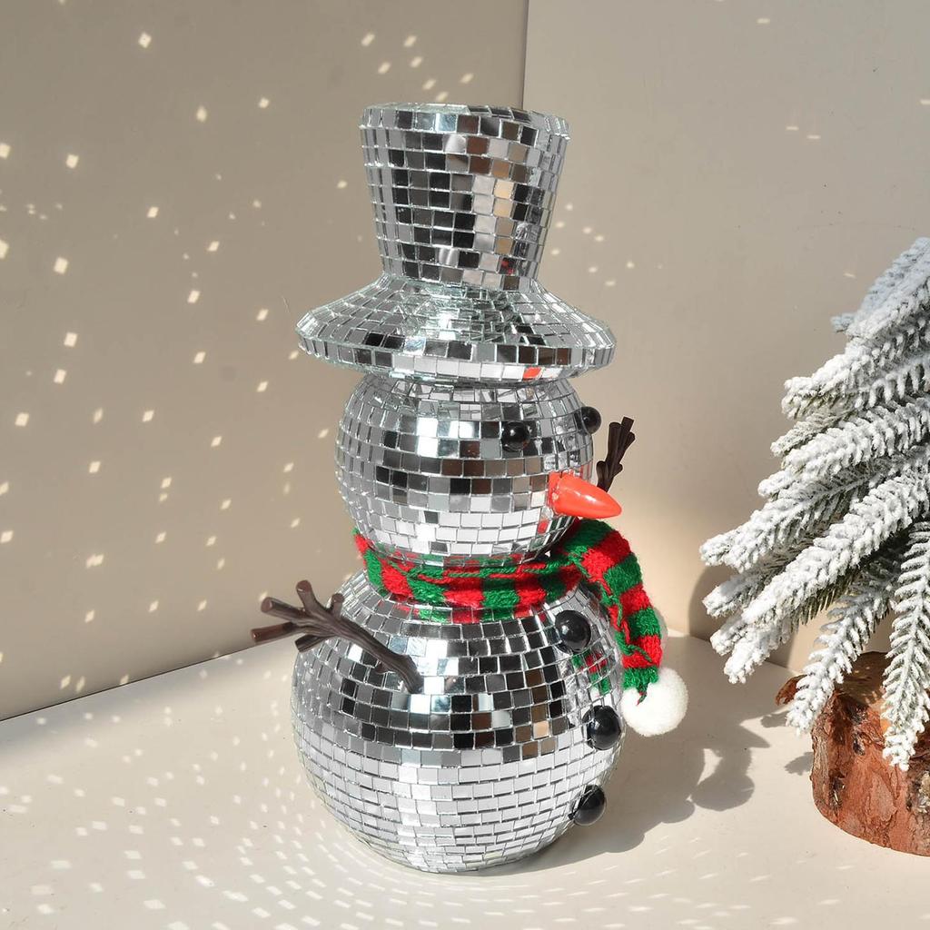 Disco Ball Reflective Christmas Snowman Statue with Knitting Scarf Hat Mirror Snowman Figurines for Dining Table Holiday