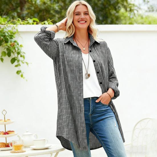 Women Shirt Lapel Long Sleeve Shirt Tops Striped Loose Fit Print Mid-length Summer Casual Tops Work