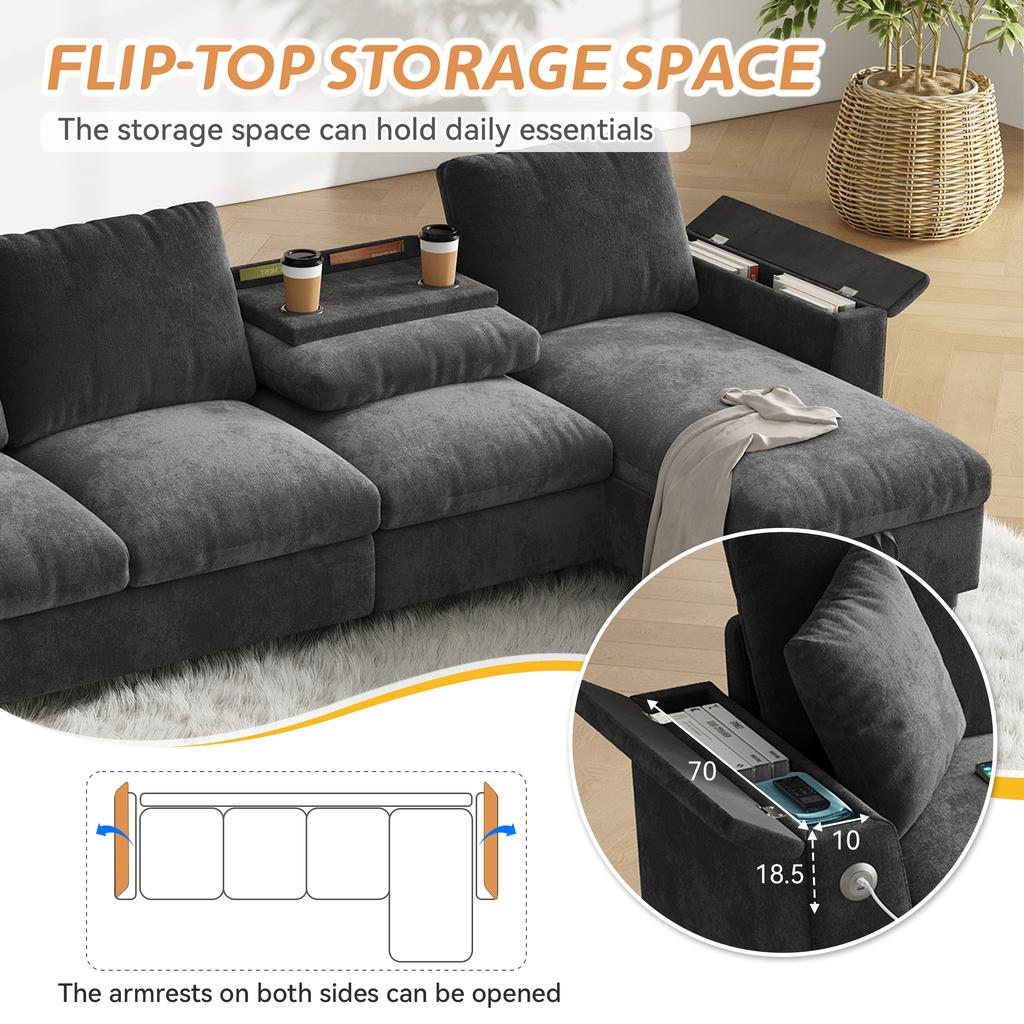 Chenille fabric sofa, L-shaped corner and two armrests with storage space. Fold-out coffee table with two drink holders, 1 USB, 1 Type-C. gray