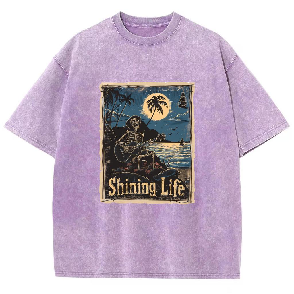 Amerikanischer Anime-Filmstil Totenkopf-Print Gewaschenes T-Shirt Übergroß Locker Unisex Paar Kurzarm Bequem High Street