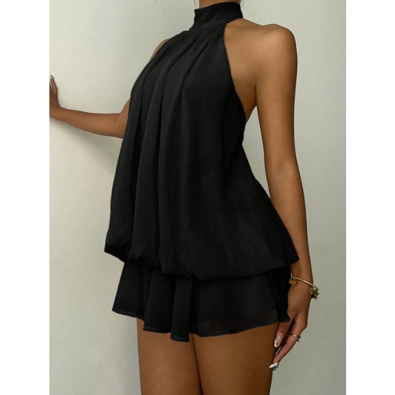 Fashion Sexy Backless Halter Neck Slim Waist Solid Color Women Mini Dress