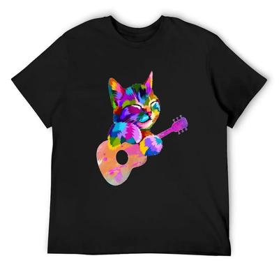 Cat Playing Guitar Kitten Plays Guitarist Cat Splash Art T-Shirt Custom T Shirt Blanks Hippie Clothes Mens Designer T Shirt