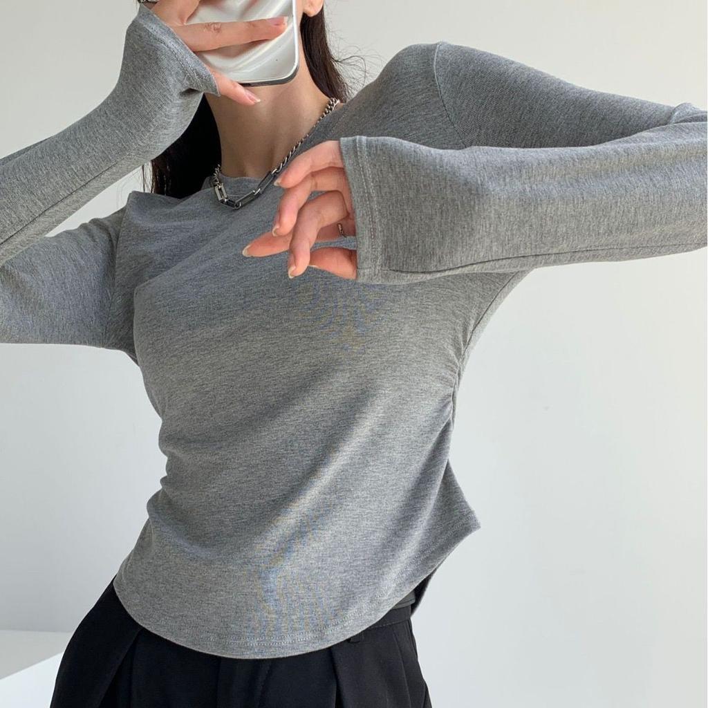 High Quality Arc Hem Round Neck Elastic Waist Solid Color Shoulder Women's Slim Waist Top Bottoming Shirt