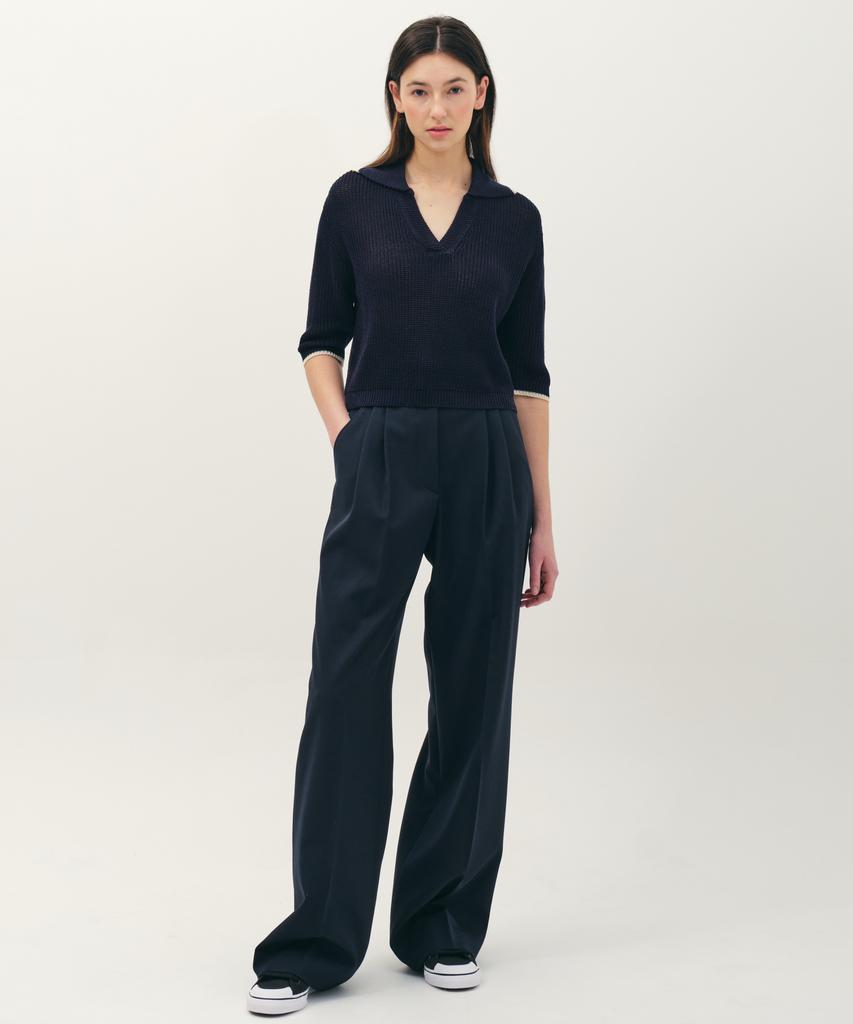 JUN BY JUN K V-Neck Collared Cotton Knit Top_Navy