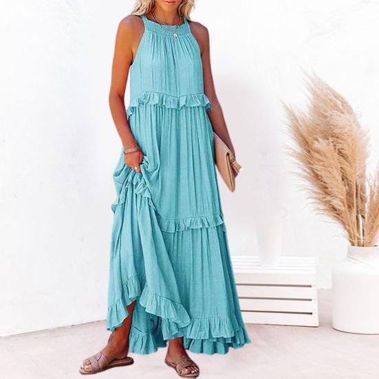 Maxi Dress Pleated Layered Hem Pocket Design Sleeveless Solid Color Boho Ladies
