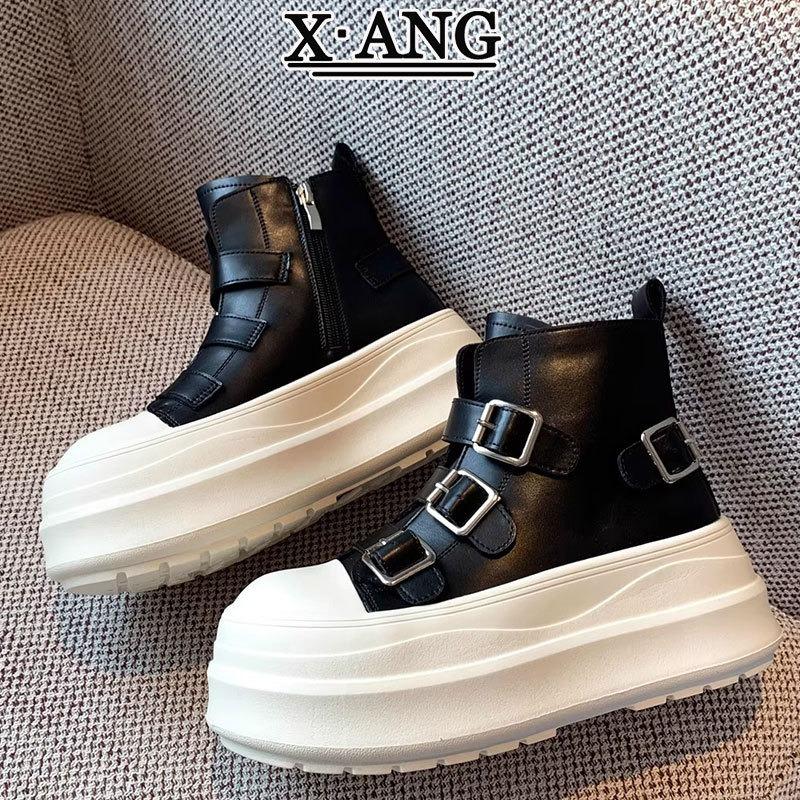 Leather Martin boots women's muffin thick sole heightening small short boots autumn and winter new casual high-top shoes women