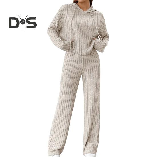 

2 шт./комплект женский костюм с капюшоном и брюками на шнурке с длинными рукавами однотонный топ с высокой талией широкие спортивные брюки весна-осень спортивный костюм M абрикосовый