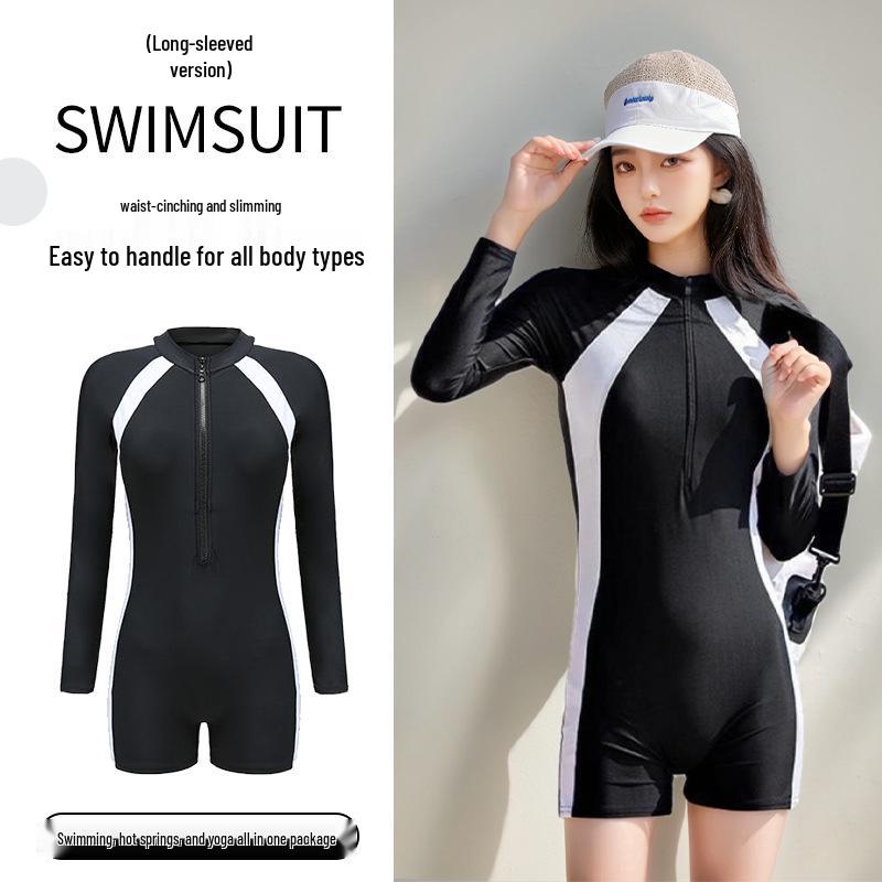Women's One-Piece Quick-Drying Long Sleeve Sport Swimsuit - Conservative, Slimming, Belly-Covering, Surfing-Style.