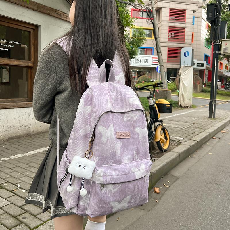 Women's Butterfly Printed Backpack Corduroy Student School Bag Large Capacity Class Backpack