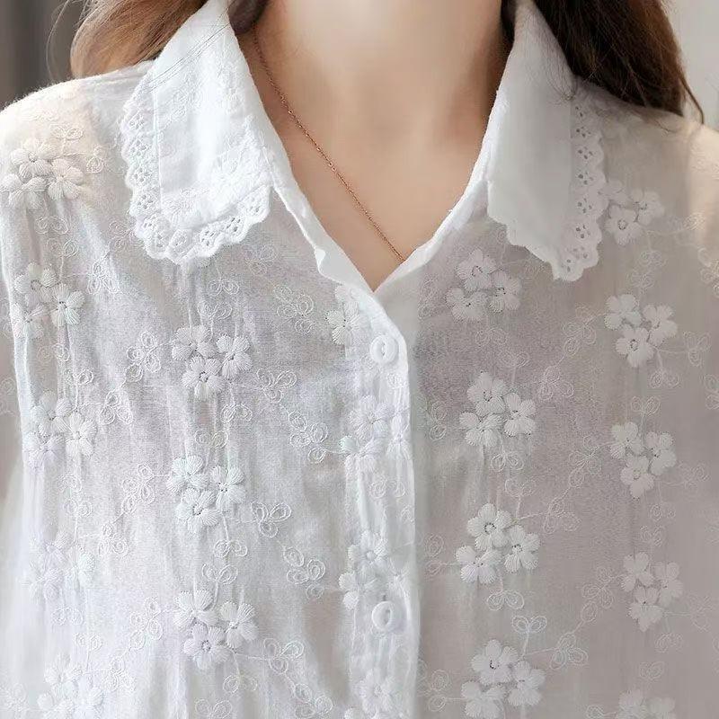 Women's White Embroidered Chiffon Shirt Long-Sleeve Casual Loose Blouse