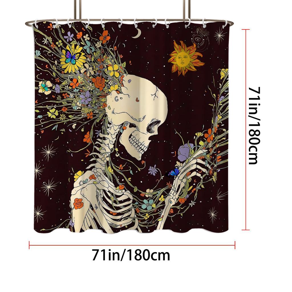 1pc Halloween Skull Print Waterproof Shower Partition Privacy Hanging Curtain with 12 Hooks Multiple Sizes Machine Washable