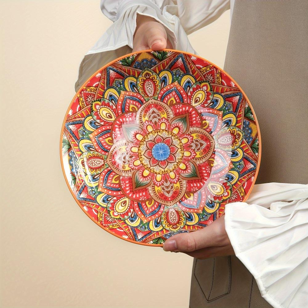 

Round Dinner Plate Flower Pattern Meal Dish Salad Dish Bohemian Ceramic Plate Fruit темно-зелений колір