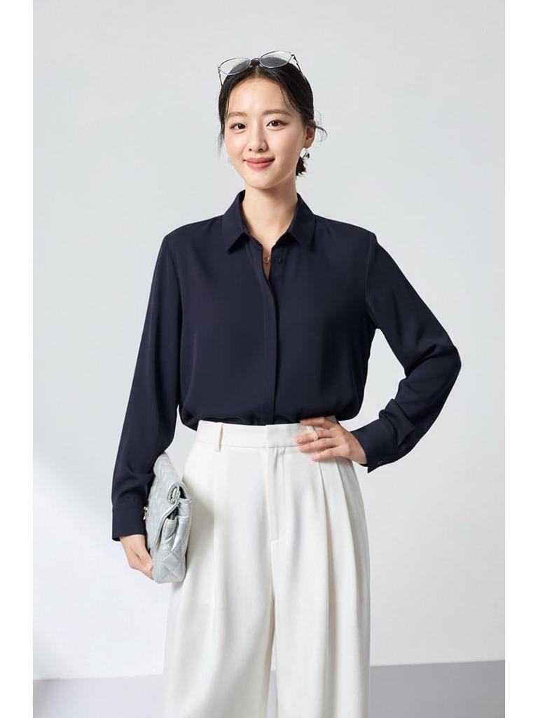 High-Grade Ink Wash Mulberry Silk Stretch Shirt - Spring Georgette Commuting Top