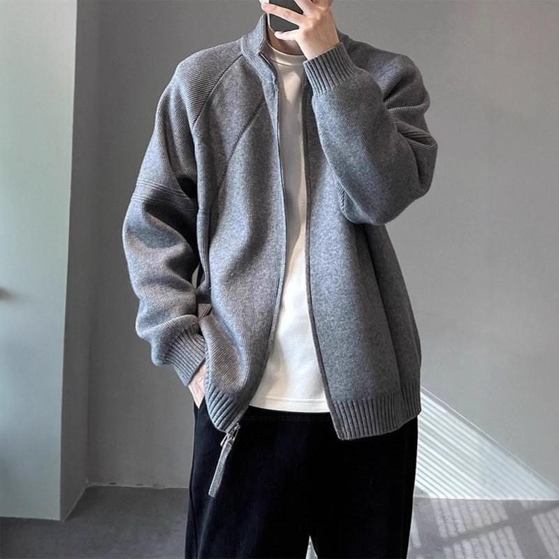 Mens Black Zip-Up Knit Cardigan Oversized Warm Stand Collar Sweater Casual Layering Top Teens