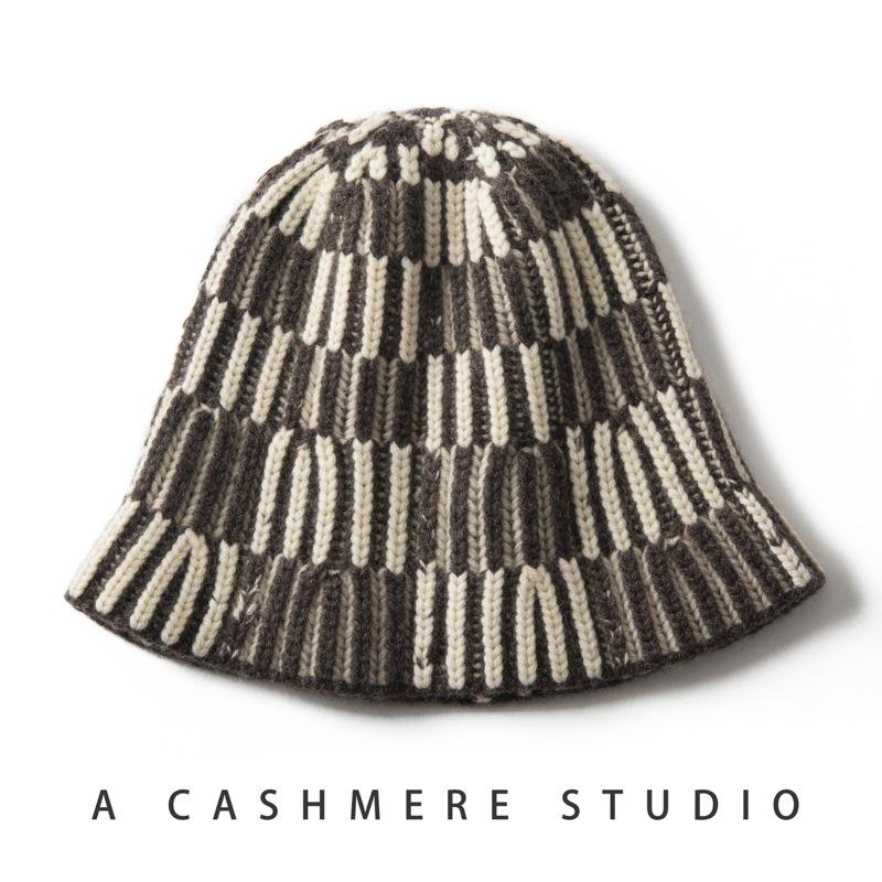 New color matching plaid cashmere knitted fisherman hat women's striped dome warm face small cashmere basin hat