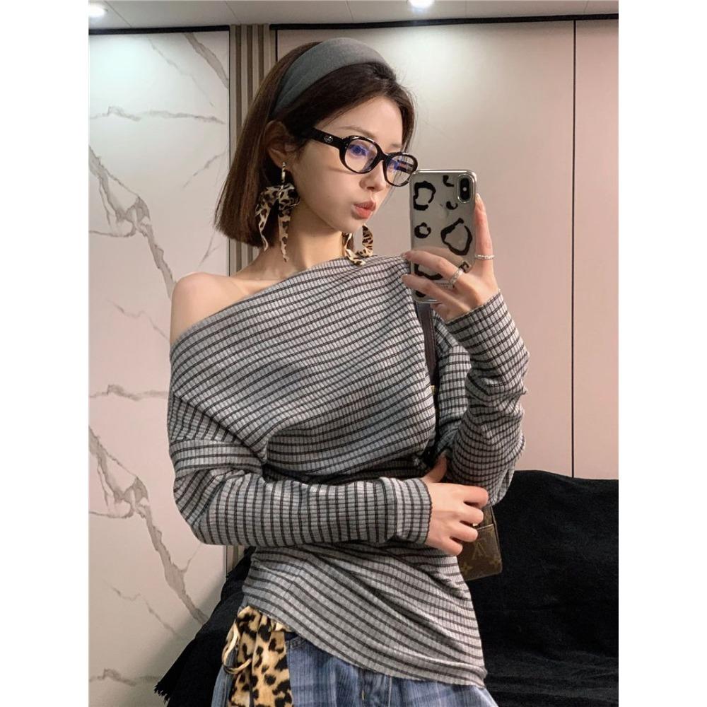 American Style Stripe Off Shoulder Long Sleeve Tshirt Slim Fit Waist Design Top