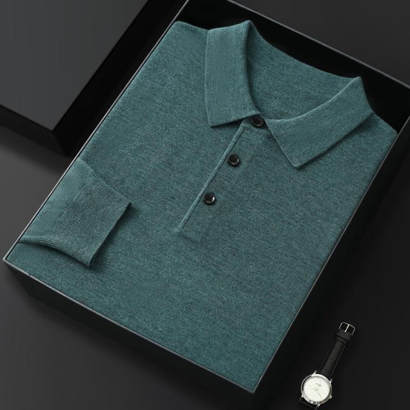 High Quality Worsted Spun Collar Wool Sweater Men's Spring and Autumn Business Polo Sweater Thin Long Sleeved Knitted T-Shirt