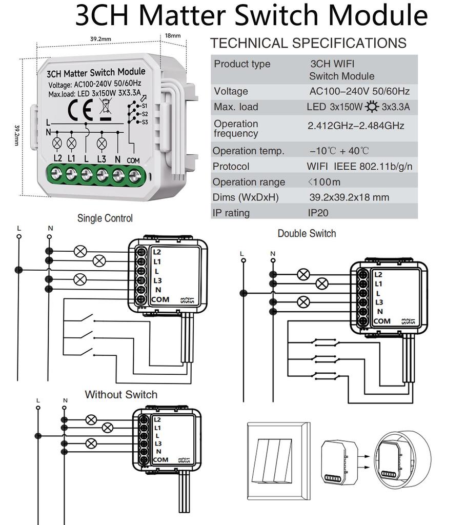 Matter Breaker WiFi Switch Module for HomeKit, Direct Siri Voice Control, Hidden Junction Box Integration
