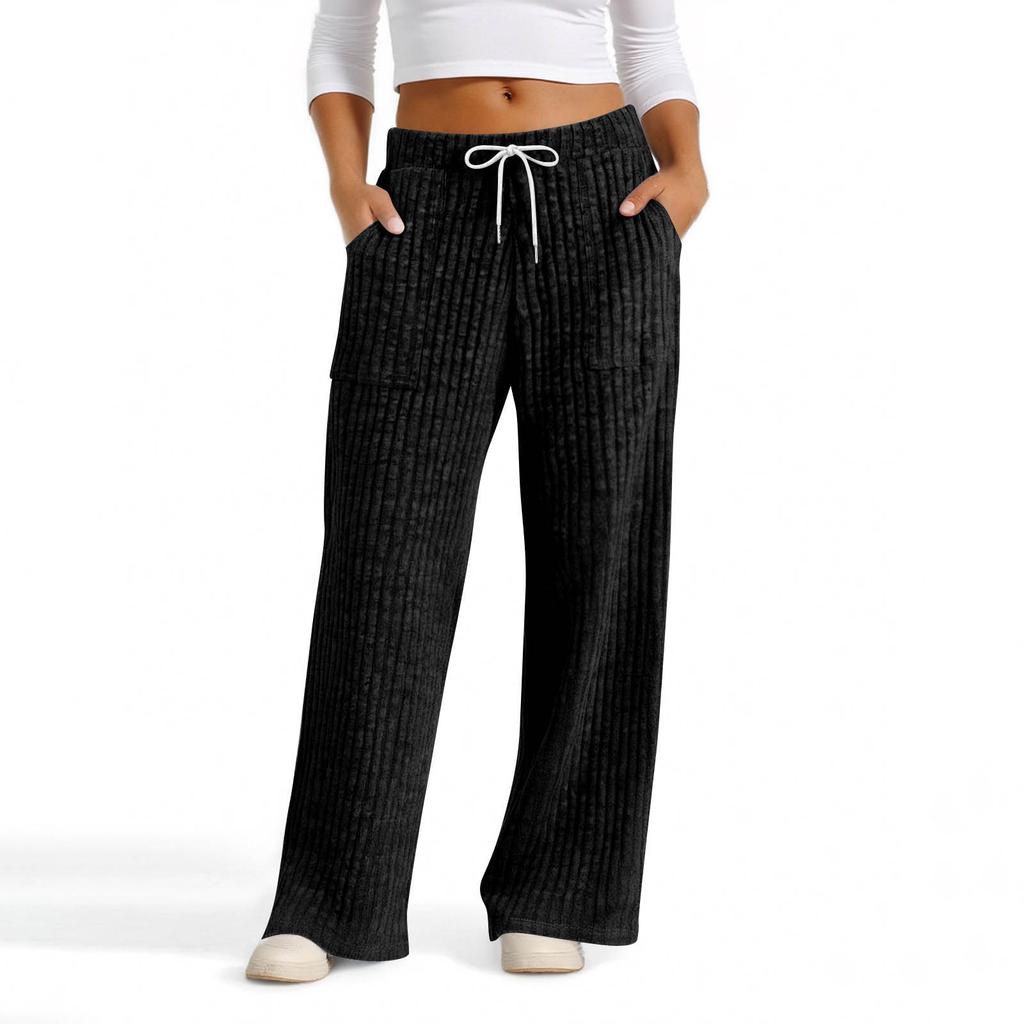 Women's Wide Leg Lounge Pants with Drawstring Waist, Soft Ribbed Knit Casual Relaxed Fit Trousers with Pockets