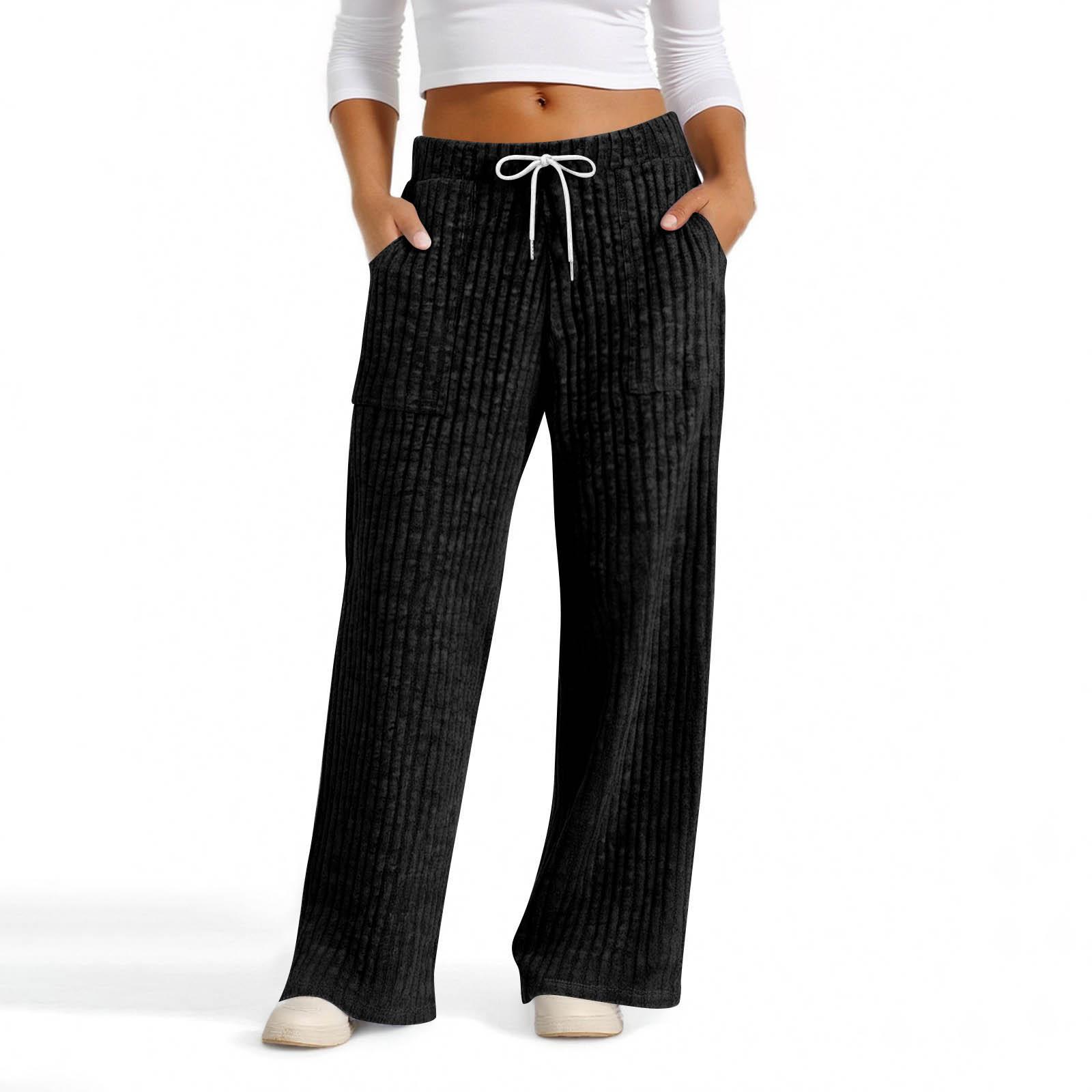 Womens Casual Wide Leg Elastic Waist Ribbed Knit Loose Bottoms With Pockets Soft Pants L