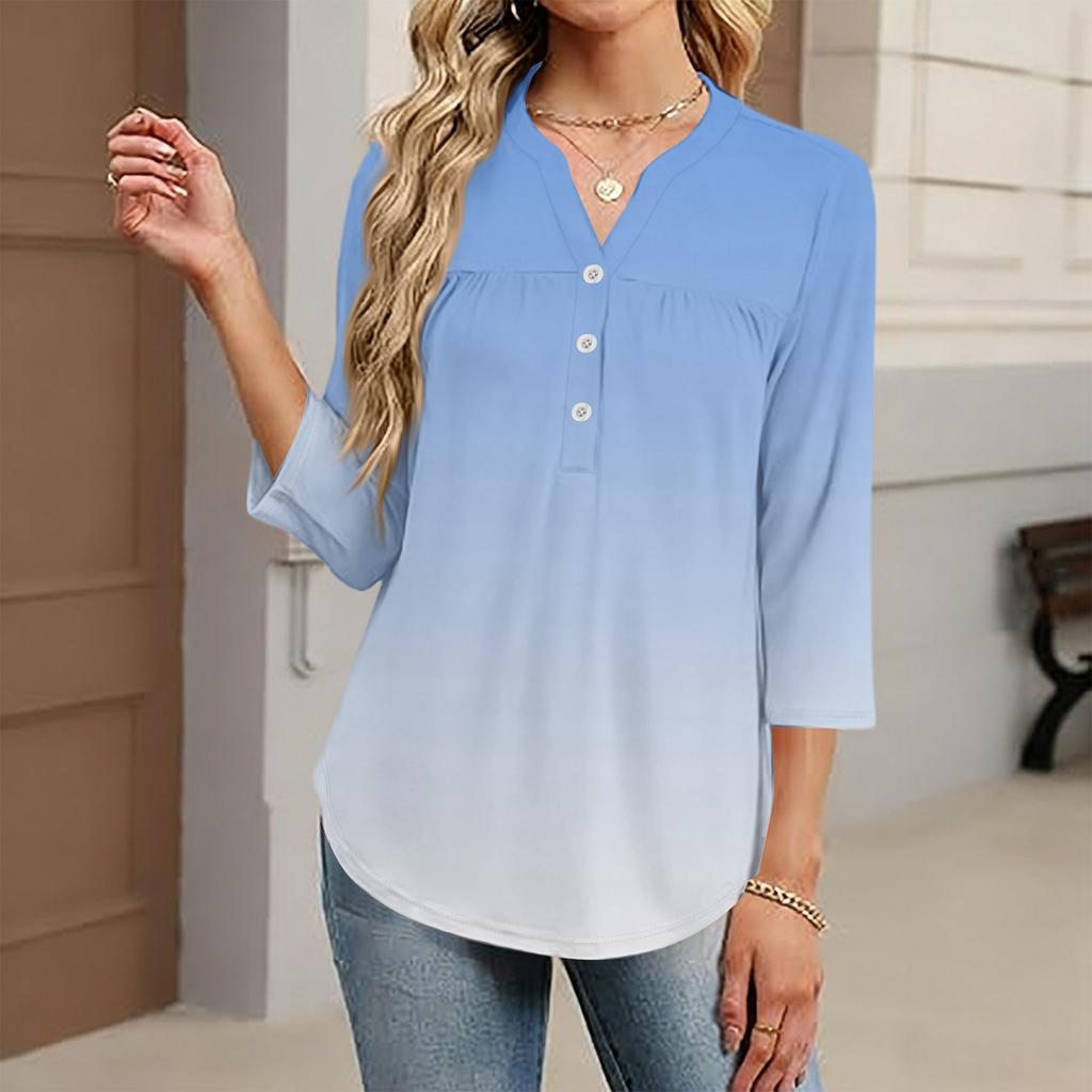 Women's Fashionable Casual Color Block Gradient Print V-Neck Button Three-Quarter Sleeve T-Shirt Top