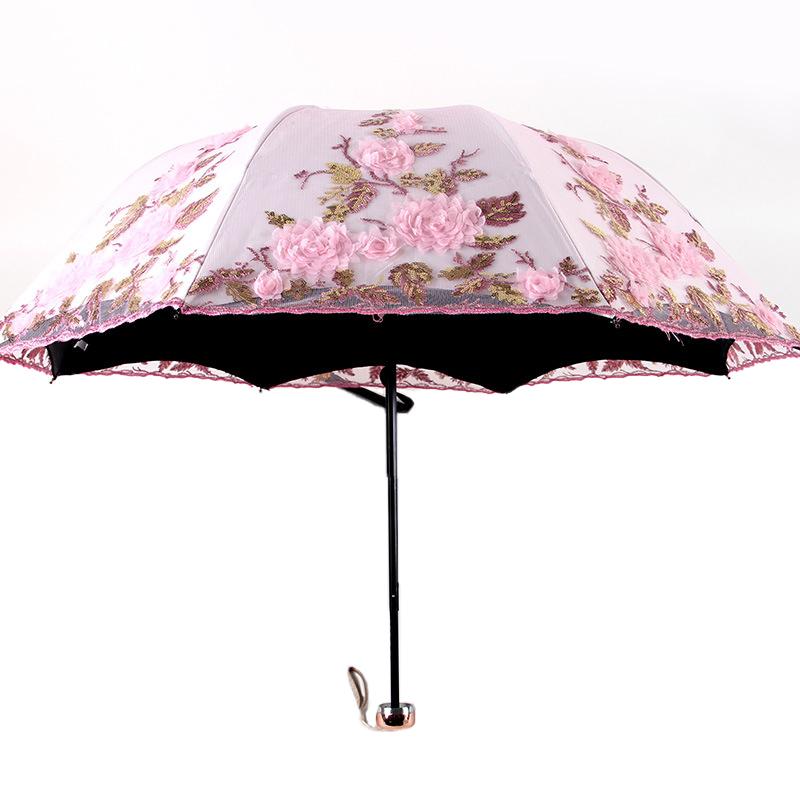 Double Layer Lace Embroidery Folding Umbrella for Women Princess Style UV Protection Sun Parasol