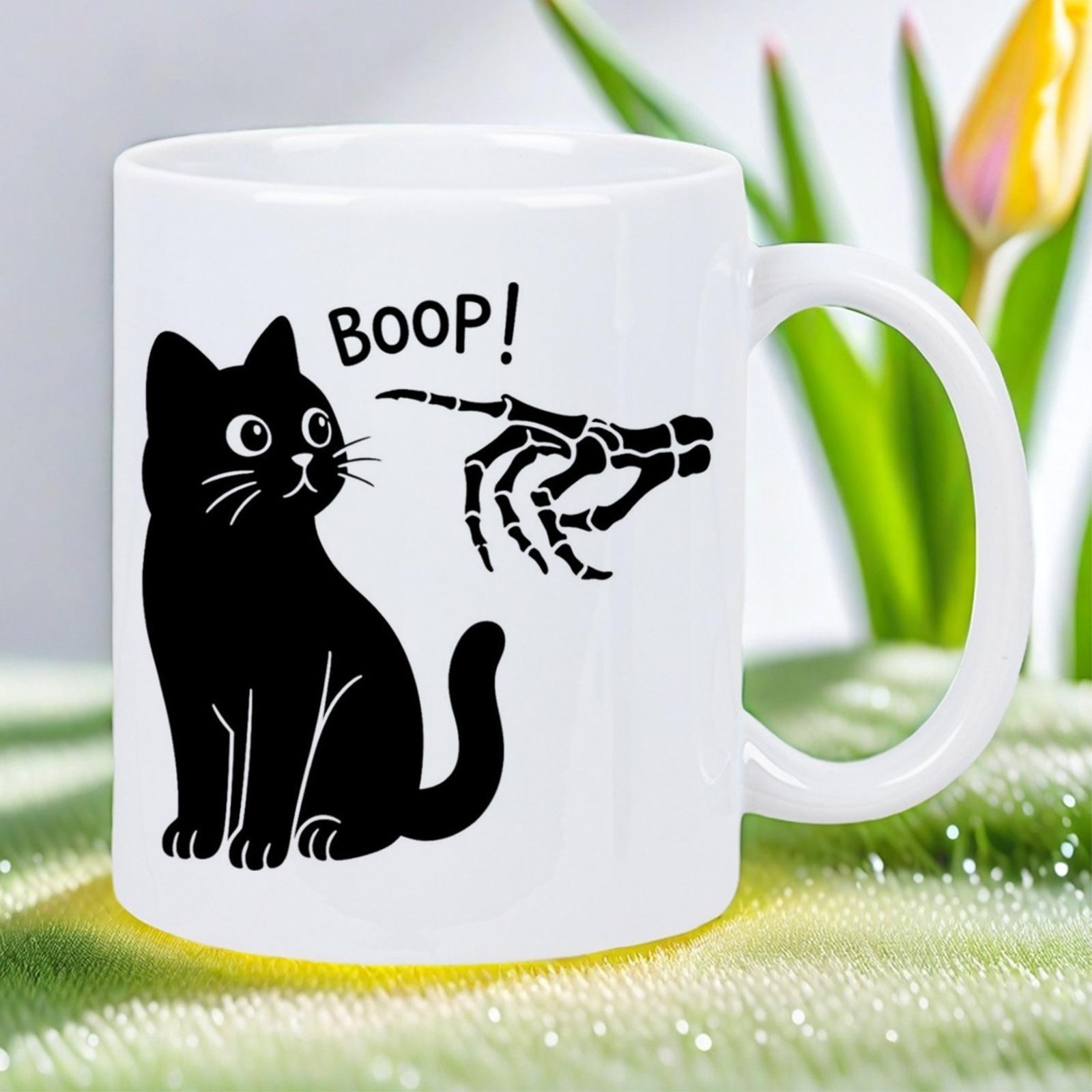 Spooky Charm Black Cat & Bats Gothic Ceramic Mug - Witch s Brew Coffee Cup with BOOP! Cat Design, Hand Wash Only, White Novelty 320ml