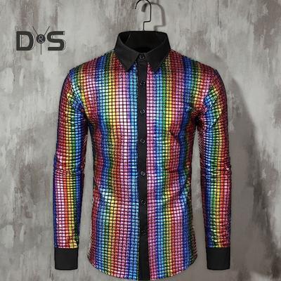 Camisa masculina brilhante lisa lantejoulas gola alta trespassado gola virada para baixo manga comprida clube dança discoteca palco performance vintage top