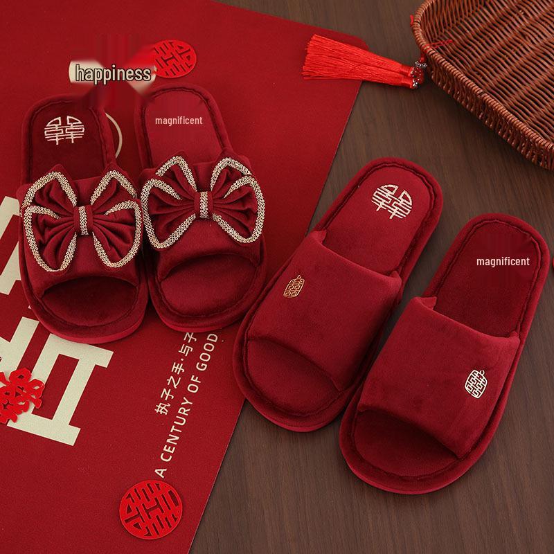 Festive Red Bride & Groom Wedding Slippers - Summer Dowry Gift Pair