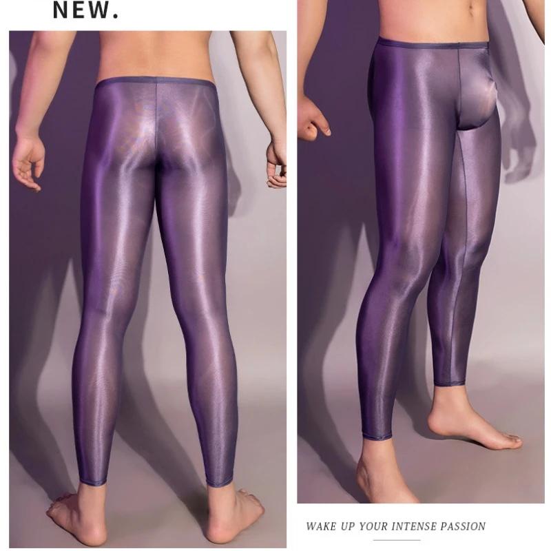Sexy Men Elastic Oil Shiny Tight Pencil Pants Shaping Legging Ultra Thin See Through Lingeries Pajama Breathable Exotic Trousers