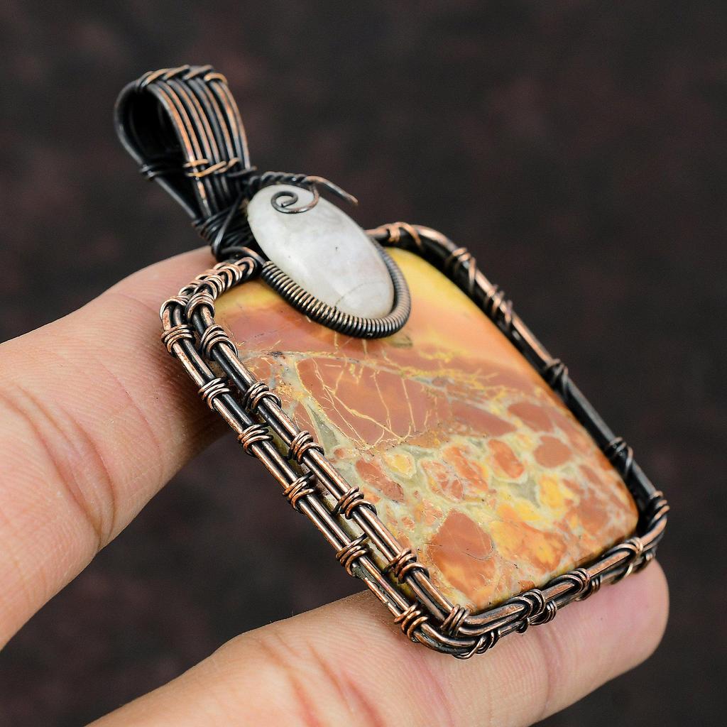 Maligano Jasper Copper Pendant Wire Wrapped Pendant Rainbow Moonstone Gemstone Jewelry Handmade Pendant Copper Wire Jewelry Anniversary Gift