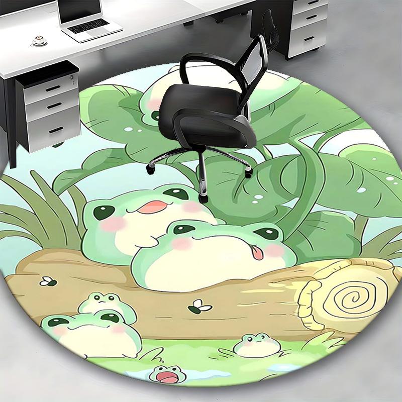 1 Stück Süße Froschfamilie Runder Teppich Anime-Design Bürostuhlmatte, Rutschfester Teppich für Heimdekoration