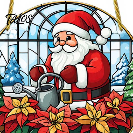 Stained Glass Style Holiday Decor Christmas Hanging Pendant, Acrylic Santa Claus Plants Ornaments with Lanyard Decorative for Xmas Tree Decoration,