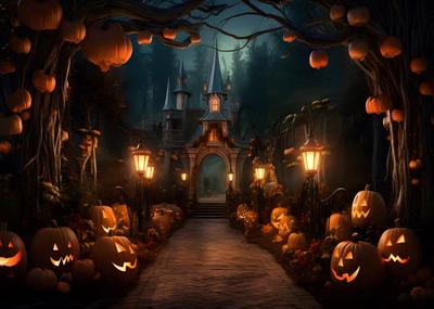 Halloween Eve Theme Backdrop Night Castle Moon Pumpkin Lights Skeleton Family Party Photozone Horror Photography Backgrounds