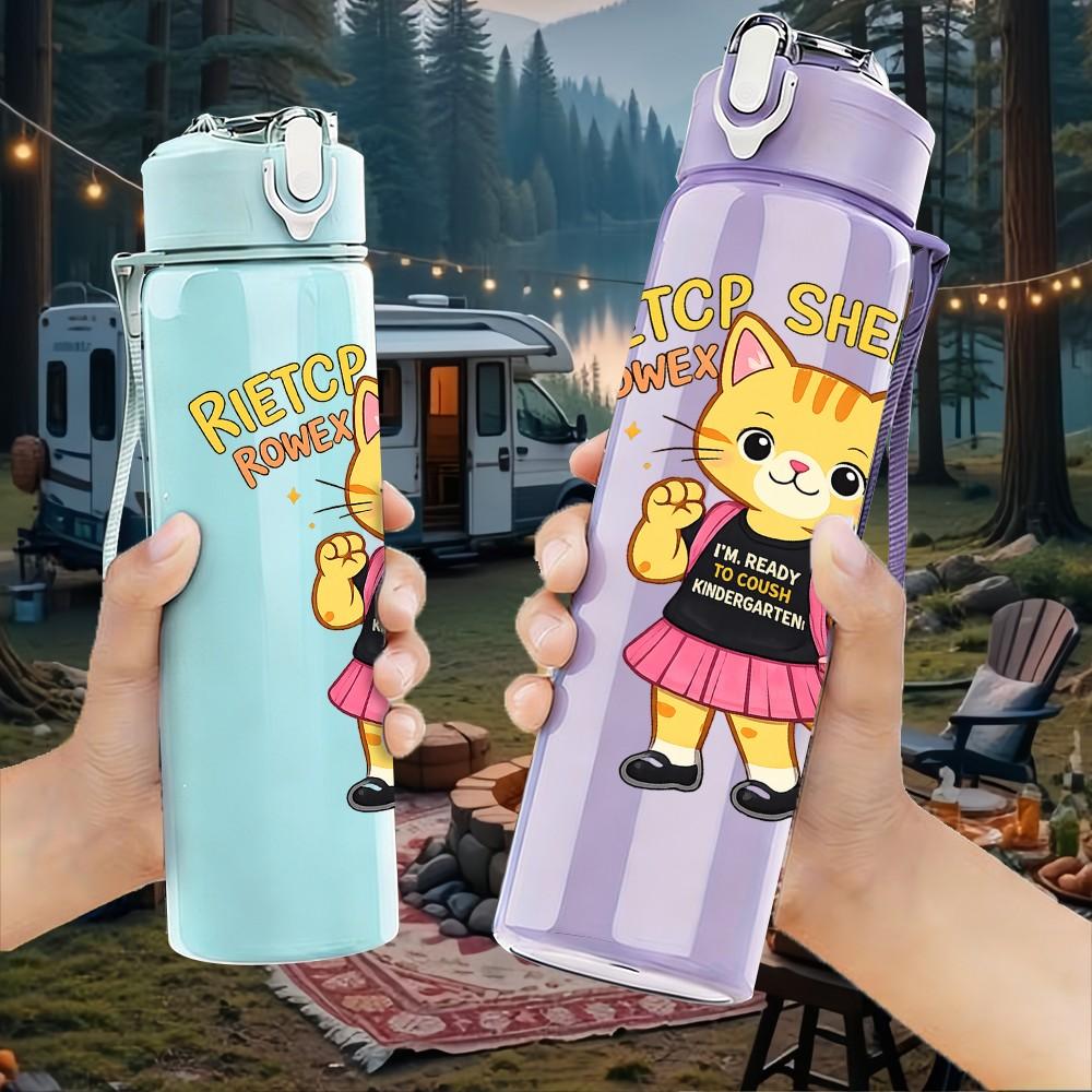 1PC Cartoon Cat Girl Fashion Print 750ml Color Plastic Sports Water Bottle Leakproof Flip Straw Lid Suitable for Sports Office Home Use