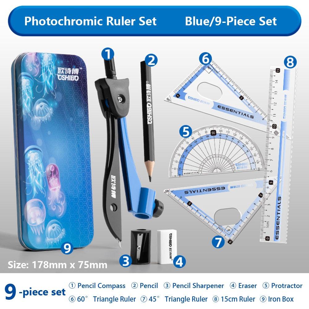 9PCS/Set Propelling Pencil Stationery Ruler Set Plastic Measuring Ruler Protractor  Students