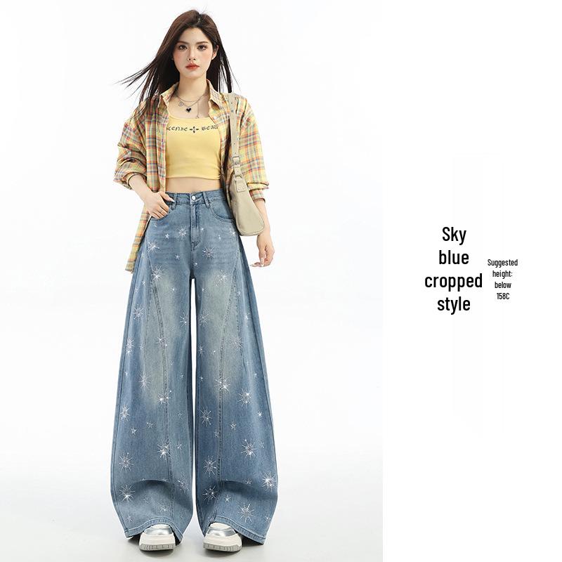 Retro Star Print Bootcut Jeans - Spring/Autumn Wide Leg Casual Pants Small