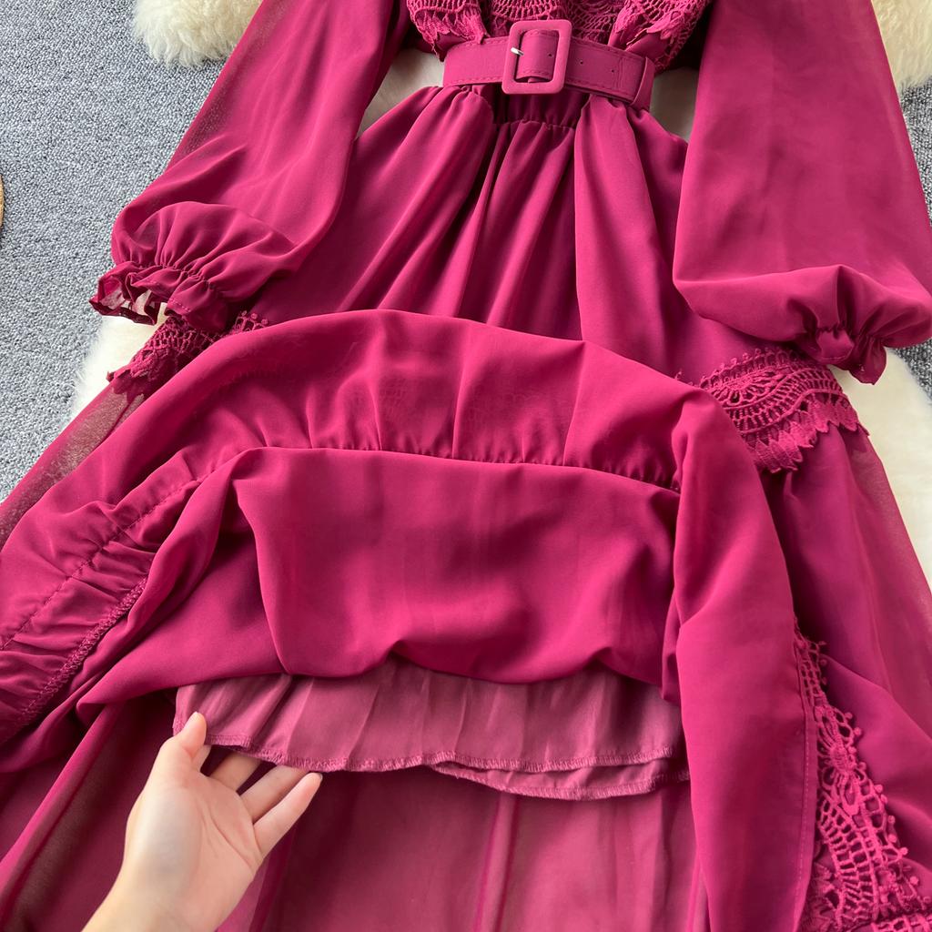French O Neck Cut Out Lace PATCHWORK Lantern Sleeve Korean Fashion Dress Women's Summer Waist Sweet Dresses