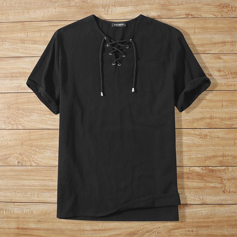 INCERUN Tricouri Topuri Casual de Vară pentru Bărbați Vintage cu Mânecă Scurtă, cu Șireturi la Gât, Culoare Solidă