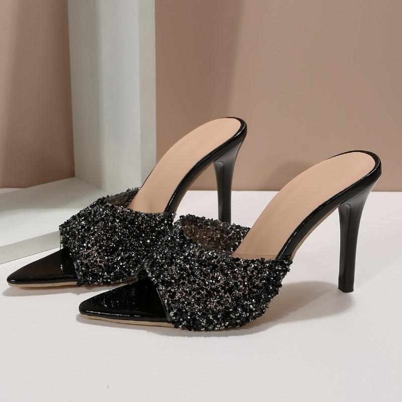 Móda Nová móda Flitrové pantofle pro ženy Léto Nový styl Tenký podpatek Vysoké podpatky Dámské Sexy párty sandály Plus size Dámská obuv