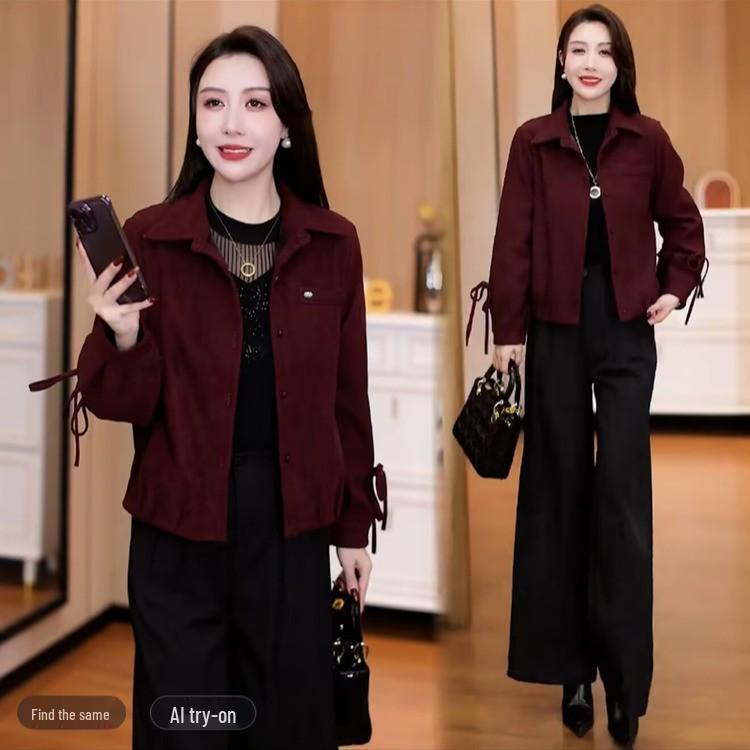 

2026 Women’s Midlife & Elderly Spring/Autumn Lapel Jacket: Loose, Stylish Fit XL вина червоного кольору