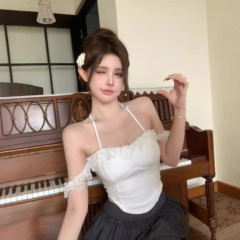 Cotton Pure Wind Lace One-line Shoulder Hanging Neck Bow with Chest Pad Small T-shirt Female Summer Spice Girls Wear Outside