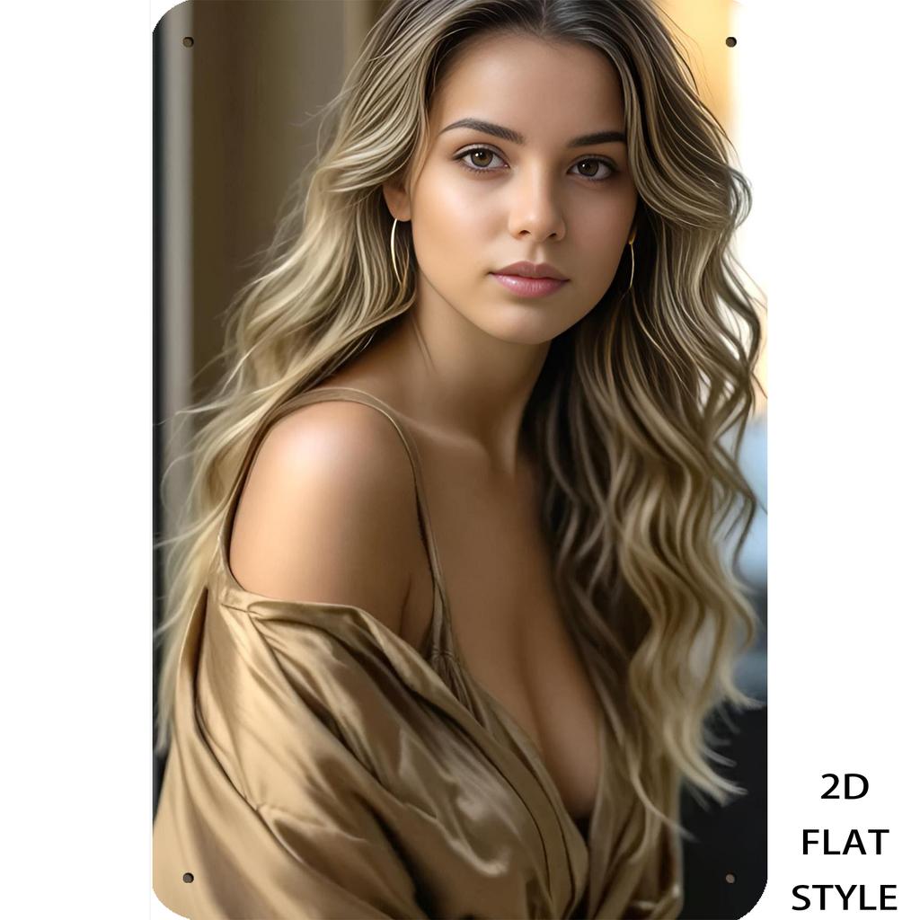 HD Metall Blechschild Elegante Frau mit Langen Wavy Blondem Haar in Goldfarbenem Satin Off-Shoulder Outfit und Creolen Vintage Wandkunst