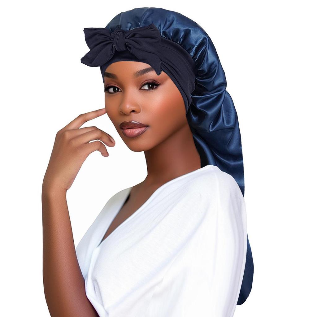 Satin Bow Tie Long Stocking Nightcap Headscarf for Long Hair Protection