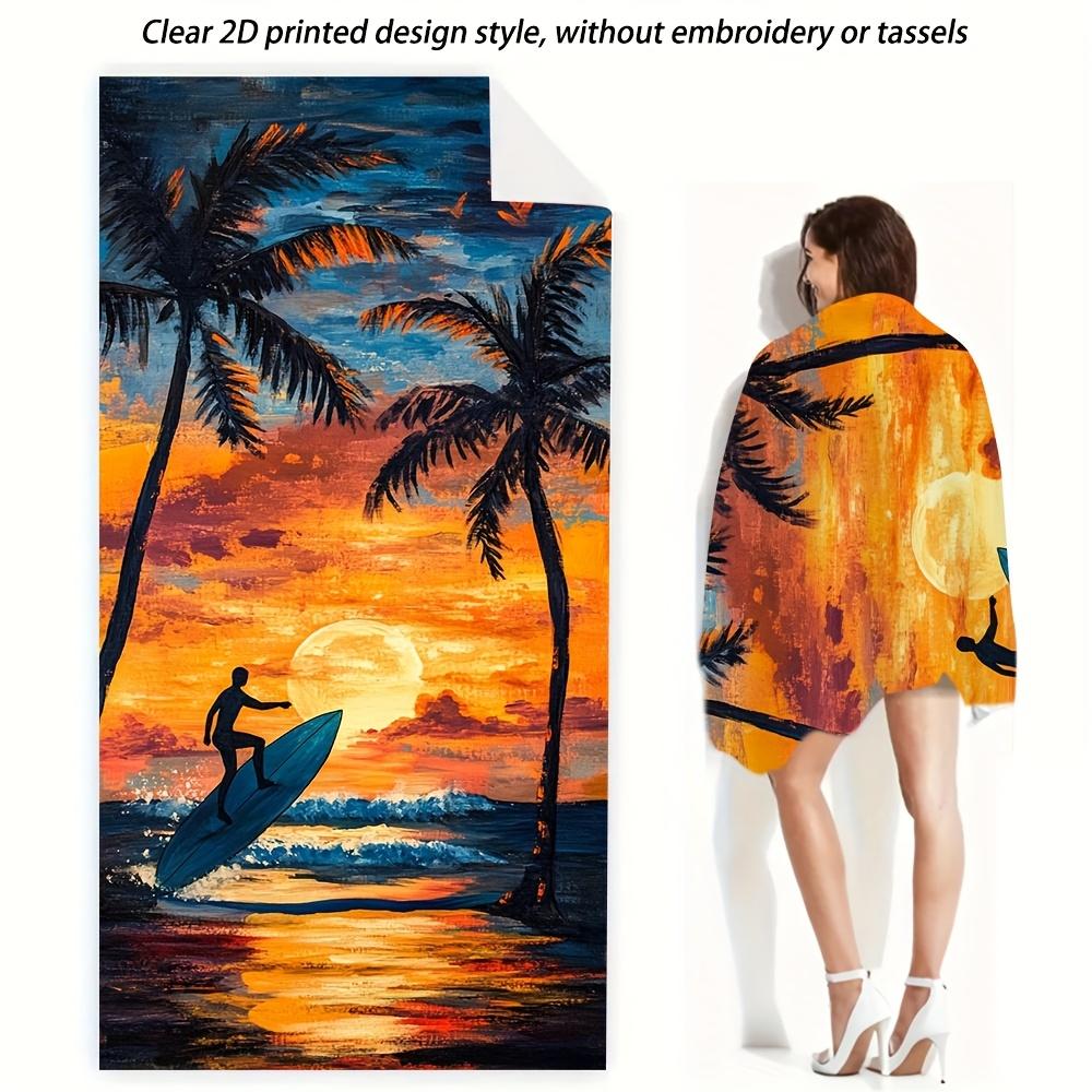1 ud. Toalla de Playa Oversize Brisa Tropical -Poliéster de Microfibra Suave de Rápida Absorción, Vibrante Estampado de Escena de Playa al Atardecer con Palmera