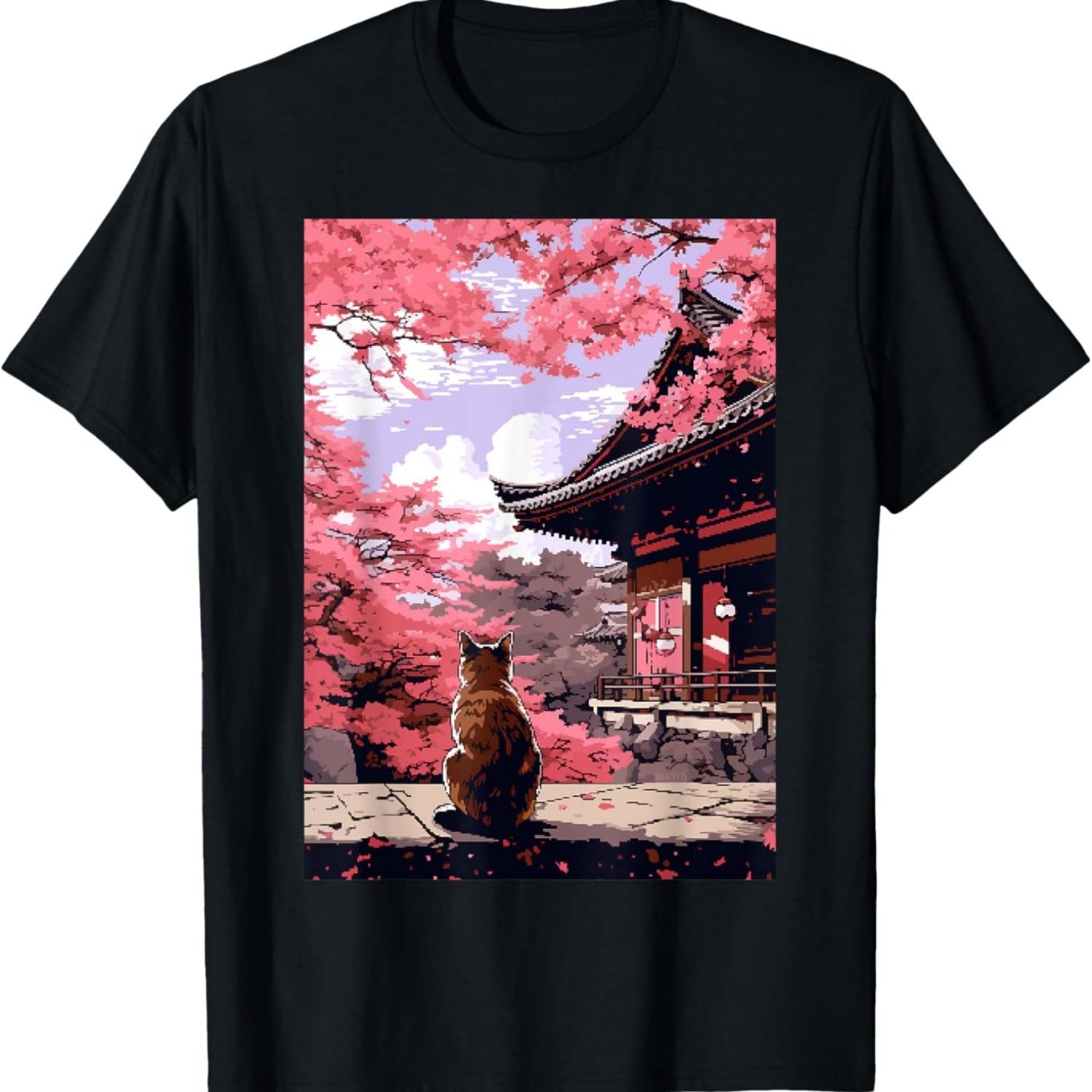 Zen  Cat Cherry Blossom Garden Pixel Art T-Shirt S