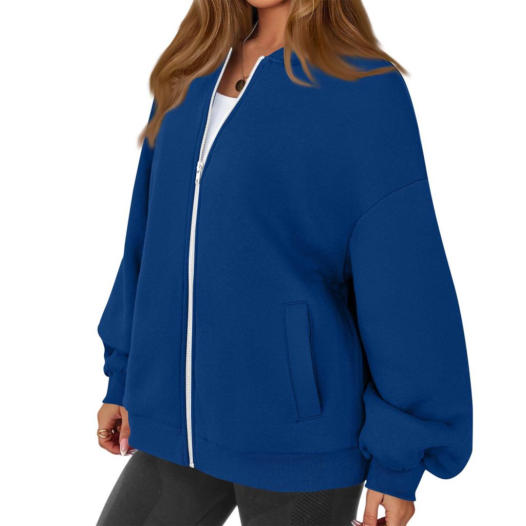 Women's Fashion Long Sleeve Color V-Neck Loose Oversize Zipper Jacket
